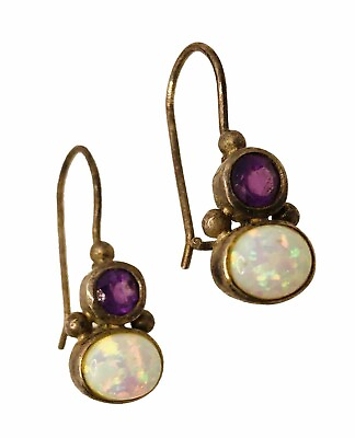 #ad 925 Sterling Silver Faceted Amethyst Opal Cabochon Drop Earrings Mexico Artisan $68.95