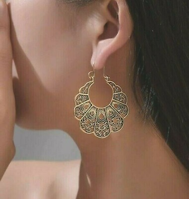 #ad NEW Gold Hollow Cut Out Floral Earrings Boho Filigree Scalloped Fashion Hoops $2.46