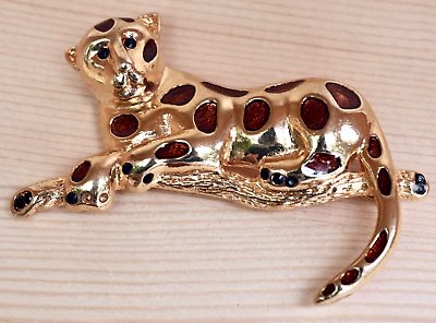 #ad Premier Designs Signed Brooch Pin Cheetah Jaguar Big Cat Gold Tone Enamel $13.99