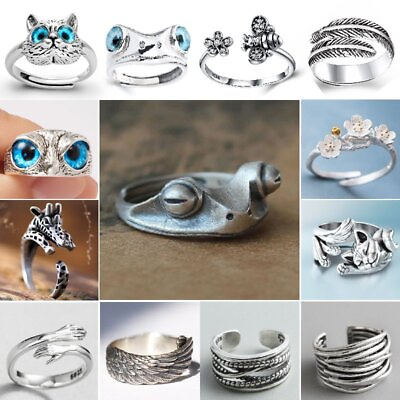 925 Silver Retro Frog Cat Owl Animal Rings Open Finger Ring Jewelry Adjustable C $152.15