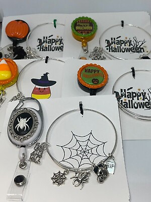 #ad Halloween Theme ID Badge amp; Halloween Bangle Charm Bracelet Sets Handmade New $7.99