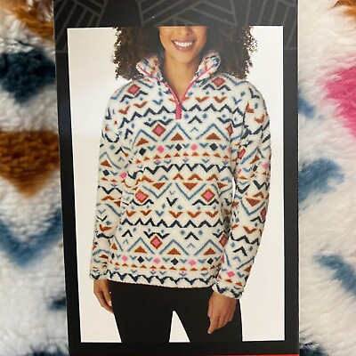 #ad Eddie Bauer Women Large Sweater Pullover 1 4 Plush Printed Cream Tribal New $23.40