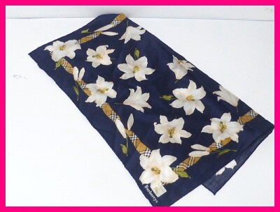 #ad Unused Burberry Silk 100% Scarf Navy Blue Flower Check Lily 48.5 x 48.5cm $68.00
