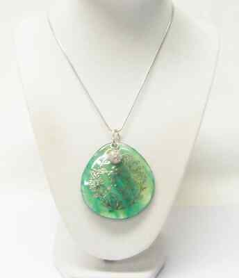 #ad Green Teardrop Natural Shell w Silver Plated Flower Graphic Necklace $17.95