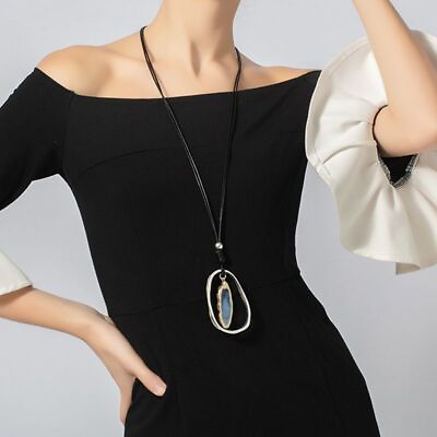 #ad Blue Stone Pendant Long Necklace Alloy Boho Black Leather Rope Women Jewelry $15.89