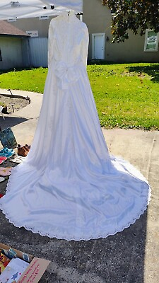 #ad Beautiful White Satin Wedding Dress With Cathedral Train Lace Size 12 $155.00