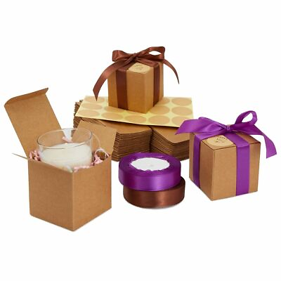 50 Pack Kraft Brown Paper Gift Boxes Bulk Set with Ribbon and Stickers 3x3x3quot; $21.99