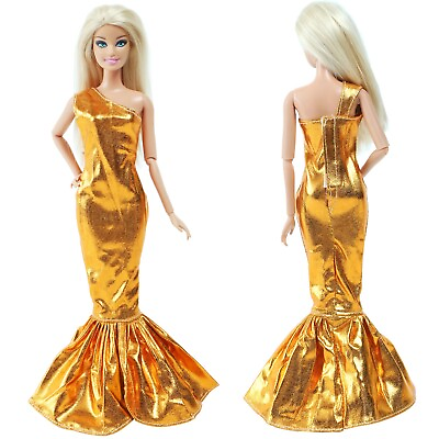 #ad Doll Dress For Barbie Doll Clothes Gold Fishtail Dress Evening Party Outfit Toys $14.69