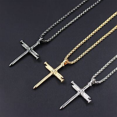 #ad Stainless Steel Men Jesus Christ Nail Cross Crucifix Pendant Necklace Chain 2023 $5.39
