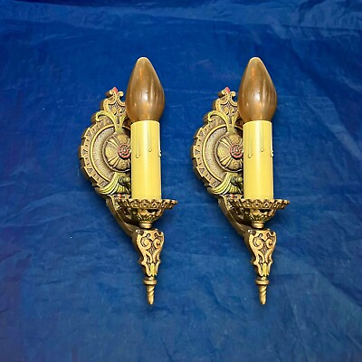 #ad Great Pair Antique Wall Sconces Polychrome Finish 30J $1200.00