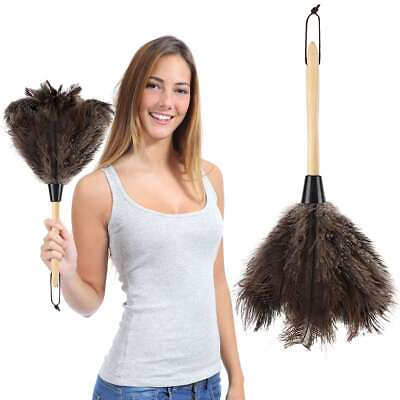 #ad 15.7quot; Ostrich Feather Duster Durable Dust Collecting Cleaning Tool Wooden Handle $8.73