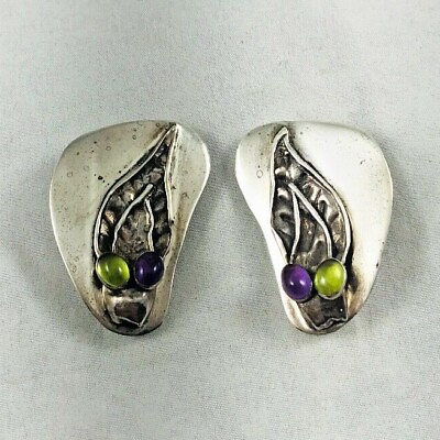 #ad Great Pair of Modern YP Sterling Large Clip Earrings w Amethyst amp; Green Stones $149.99