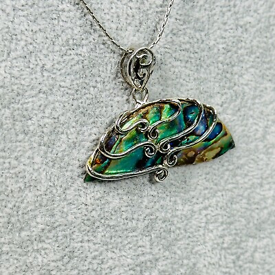 #ad Lia Sophia Necklace Blue Green Abalone Fan Swirl Silver Tone 20quot; Costume Jewelry $14.95