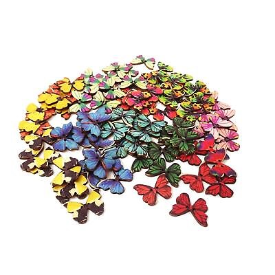 #ad 100Pcs Mixed Color 2 Hole Wooden Butterfly Buttons For Sewing Crafts $13.89