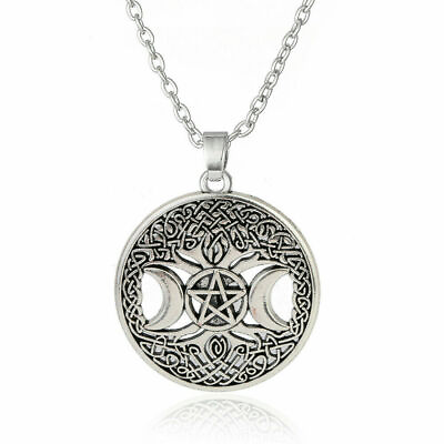 #ad 925 Sterling Silver Triple Moon Goddess Wicca Pentagram Magic Amulet Necklace $13.74