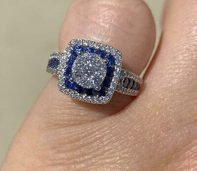 #ad 3Ct Simulated Diamond amp; Sapphire Double Halo Wedding Ring 925 Silver Gold Plated $109.23