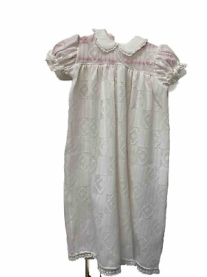#ad Vtg Madonna 50s Christening White Dress Geo Design Lace Trim Overlay Baby 0 6M $24.95