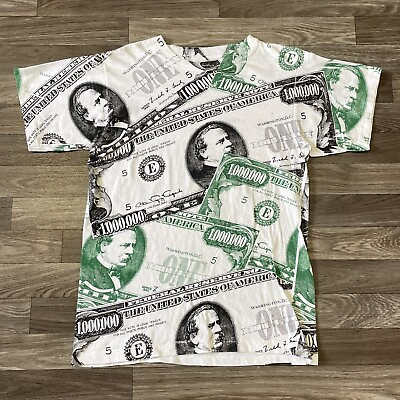 #ad VTG 90s Money AOP All Over Print Shirt Mens Medium 1 Million Dollar Bill Green $40.00