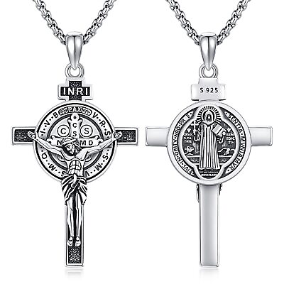 #ad #ad St Benedict Crucifix Necklace Sterling Silver Crucifix Necklace Men Saint Ben... $101.10