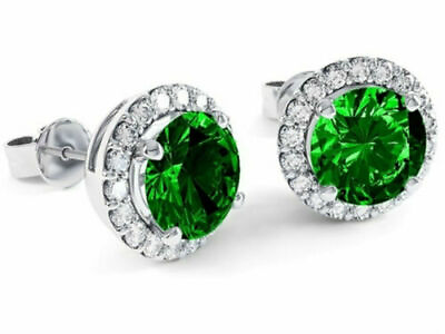 #ad 925 Sterling Silver Round Lab Created Emerald and White Topaz Halo Stud Earrings $9.99