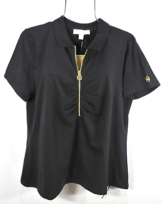 #ad NEW Michael Kors Women#x27;s XL Polo Shirt Ruched Half Zip Top Blouse Black NWT $39.99