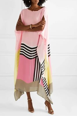 #ad Style Printed Satin Silk CasualWear Kaftan For Women Boat Neck Pink Caftan Dress $40.00
