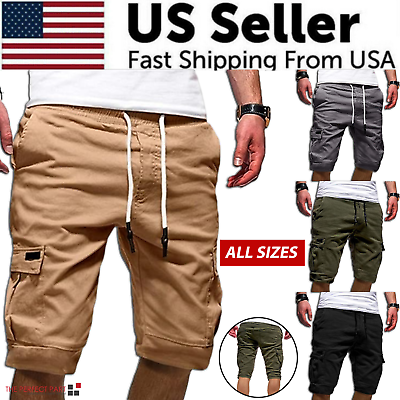 #ad Men Casual Chino Cargo Shorts Elastic Waist Drawstring 6 Pockets Summer Trousers $14.39
