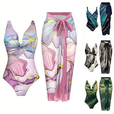 #ad Women One piece Swimwear with Wrap Skirt Sarong Swimsuit Beachwear Bathing Suit $19.99