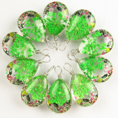 #ad 10Pcs Wrapped Crystal Glass Green Dried Flower Teardrop Pendant Bead Q11962 $14.10