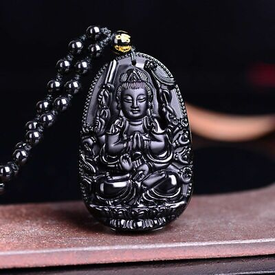 Black Buddha Necklace Long Bead Chain Pendant Buddhism Amulet Women Jewelry Gift $11.24
