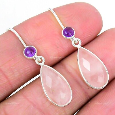 #ad Birthday Gift For Her Natural Rose Quartz Drop Dangle Earrings 925 Silver $7.99