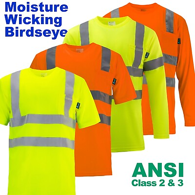 #ad Safety Work Hi Vis T Shirt Long Sleeve ANSI High Visibility Reflective Tape $10.95