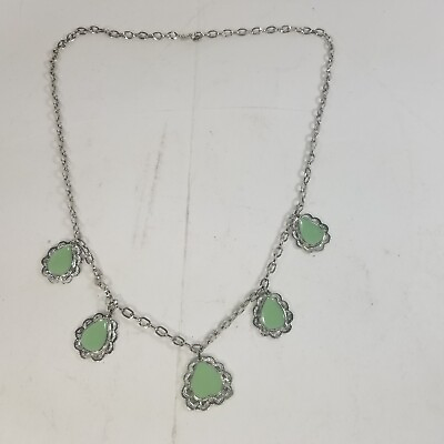 #ad Vintage Silver Tone Dangle Green Teardrop Enamel Pendant Necklace 24quot; $13.99