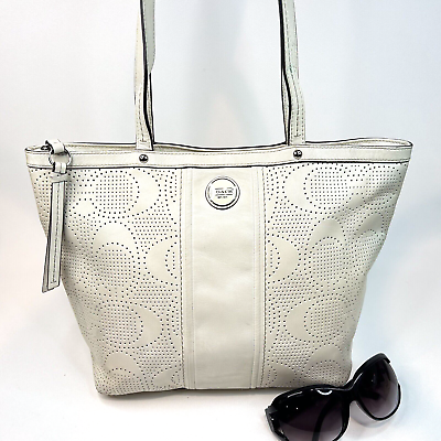 #ad COACH Signature Stripe Perforated Leather Shoulder Bag Tote F21941 Chalk White $35.00