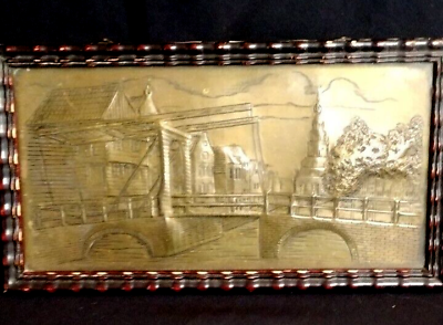 #ad M 1920S HAND CHASED BRASS PICTURE OF ANCIENT BRIDGE EUROPE $15.16