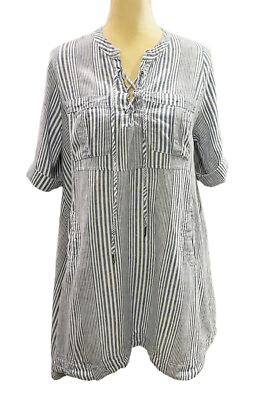 #ad 4OUR Dreamers Blue Striped Boxy Shift Beach Cover Up Dress Small Linen Cotton $8.00