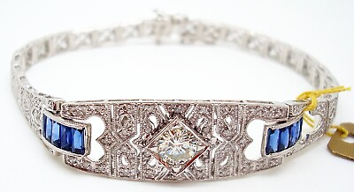 #ad 14k Gold Art Deco Style Genuine Natural Diamond and Sapphire Bracelet #J2694 $3622.50