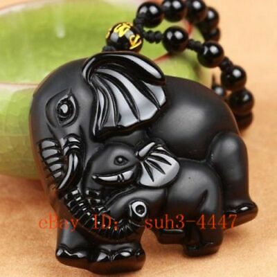 #ad Natural Black Obsidian Cute Elephant Hand Carved Pendant Lucky Beads Necklace $8.19