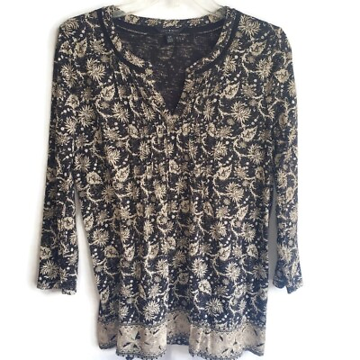 #ad Lucky Brand Top Womens Pullover Split V Neck Casual Lace Hem Accent Medium $15.49