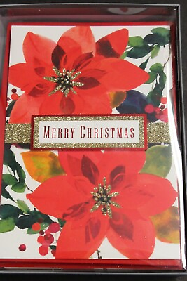 #ad 12 Hallmark Elegant Merry Christmas Card#x27;s Pointsettias Glitter 3D Box of $19.98