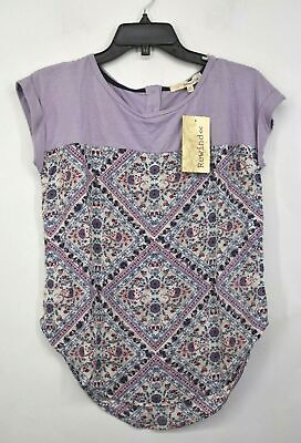 #ad Rewind Womens Purple Crew Neck Cap Sleeve Back Button Floral Print Shirt Top $12.21