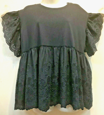 #ad FUNKY STUFF frilly blue eyelet lace ruffle knit cotton TOP BLOUSE L Free shipp $16.96