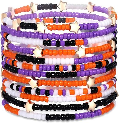 #ad Spook tacular Halloween Beaded Bracelets Set Vibrant Orange Purple and Black $36.85