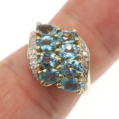 #ad 14k Solid Yellow Gold Natural Blue Topaz and Diamond Cluster Cocktail Ring Sz 5 $321.75