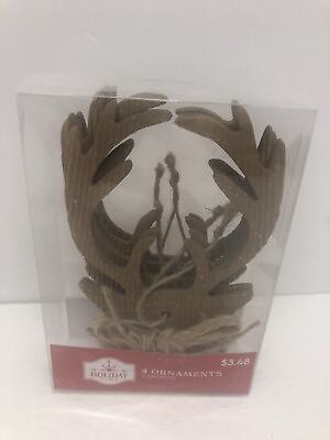 #ad Holiday Time Wooden Deer Head Hanging Ornaments Set Of 4 NEW $6.99