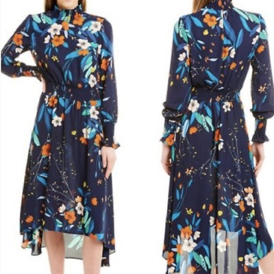 #ad Nanette Lepore Blue Navy Orange Floral Print High Lo Smocked Midi Dress Size 10 $32.99