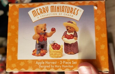 #ad 1997 Hallmark Fall Merry Miniatures Apple Harvest 3 Piece Set Bears Bird NIB NEW $13.99