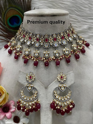 Bollywood Designer Gold Plated Jewelry Indian Kundan Polki Ruby Necklace Set $249.00