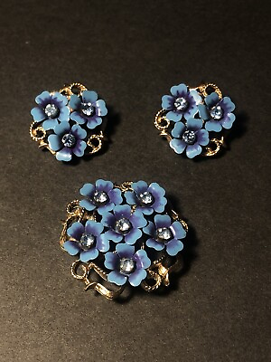 #ad Vintage Avon Blue Flower Cluster Brooch Pendant And Earrings Set Rhinestones $22.85