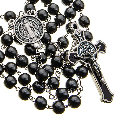 #ad St Benedict Rosary Catholic Black Round Hematite 7mm Beads 21quot; Men Necklace $15.50